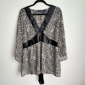 Mileage Animal Print Satin Neckline Back Satin Tie Flare Sleeves V-Neck Top